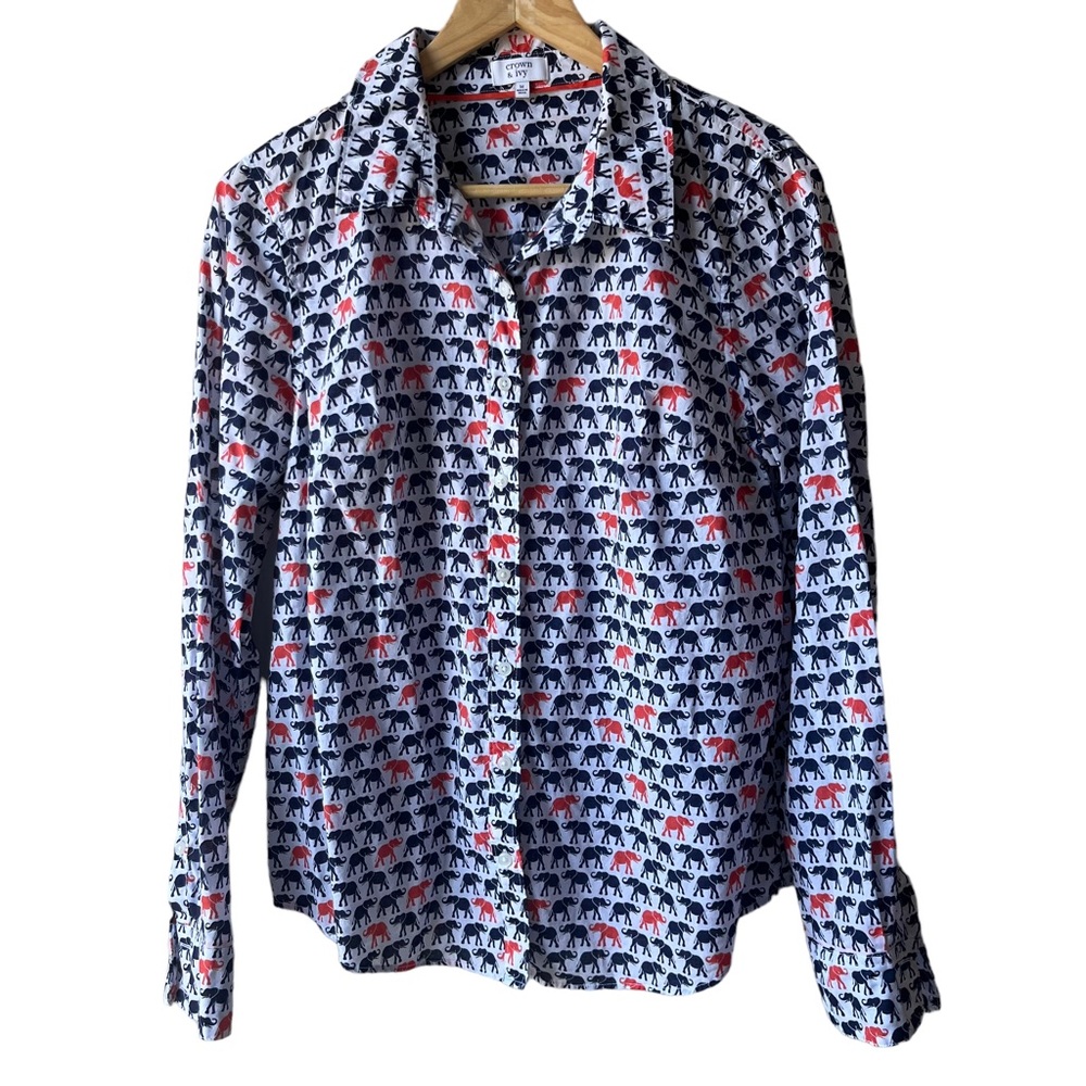 crown & ivy Blue/Orange Elephant Print Button Down Women’s Blouse, Size: Medium